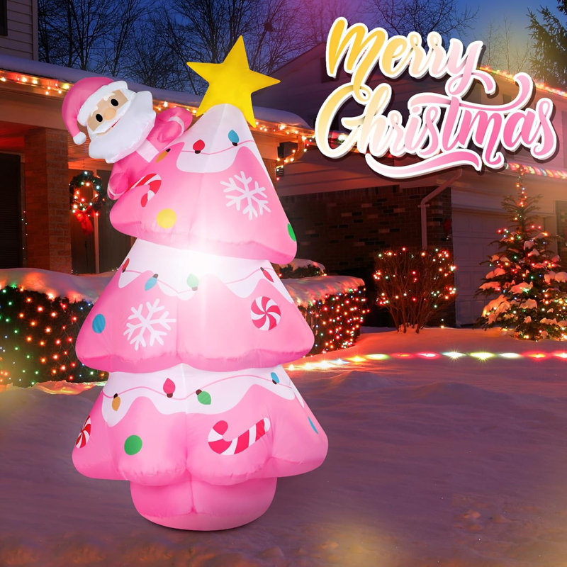 5.6FT Christmas Tree Inflatable Outdoor Decorations Blow Up Pink Christmas Tree With Santa Star Colorful Candy Built In LED Lights Xmas Yard Garden